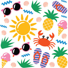 Summer Fun Sun, Sunglasses, Beach, Pineapple, Crab, Ice Cream, Seashells, Waves