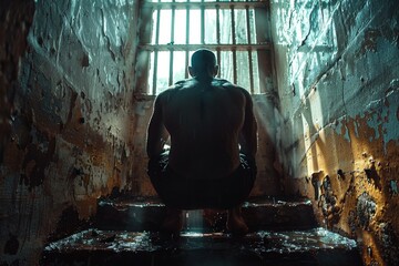 A solitary man sitting in a dimly lit jail cell evokes a sense of confinement and despair, while the light shining through the bars symbolizes hope and the possibility of freedom.