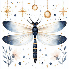 Png dragonfly boho floral watercolor illustration