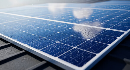 Close-up of Wet Solar Panel Cells on a Roof, Renewable Energy Source