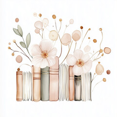 Floral book stack watercolor illustration in pink gold
