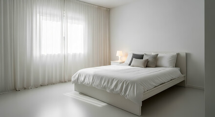 Modern Minimalist White Bedroom Interior Design with Sheer Curtains and White Bed