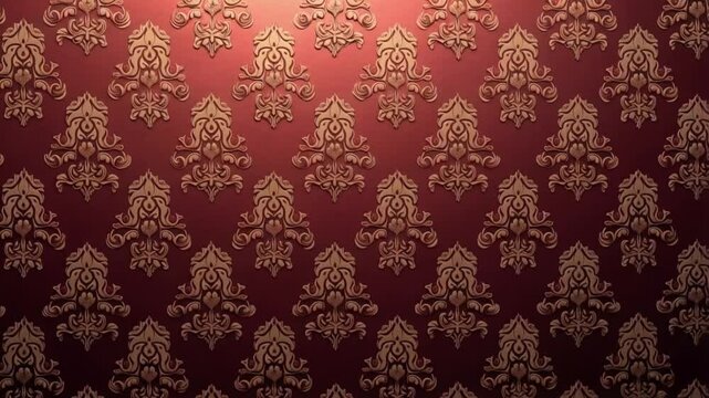 Ornate damask pattern in gold on a red background with soft lighting from the top center area background texture video