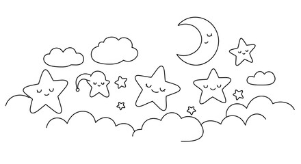 Adorable Night Sky with Cute Sleeping Stars and Moon Coloring Page