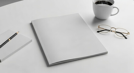 Blank white Magazine Mockup with Coffee cup, and Notepad top down view