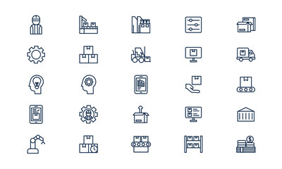 Mass production icon illustrating automated manufacturing and large-scale industrial process in outline style