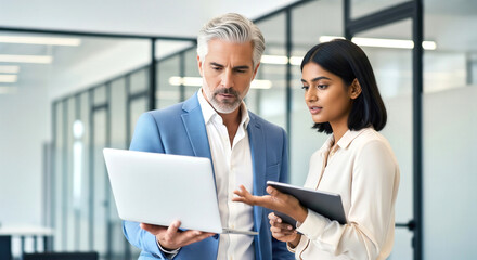 Businessman and businesswoman having conversation at work while using a laptop and tablet in a modern corporate office environment.