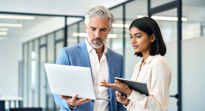 Businessman and businesswoman having conversation at work while using a laptop and tablet in a modern corporate office environment.