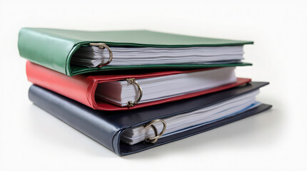 A set of three ring binders stacked on their sides on a white background