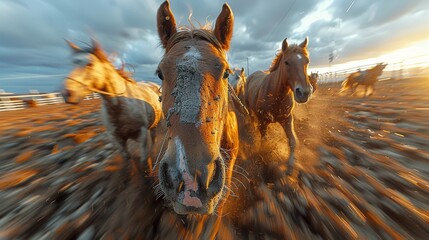 A captivating shot of horses galloping through a field at sunset encapsulates the wild beauty and freedom of nature, representing unbridled energy in a serene landscape.