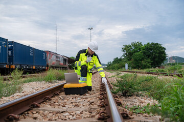 A man in a yellow and black safety vest is working on a train track. He is using a laptop to check the train tracks. Inspection and checking of railway tracks, railway maintenance.