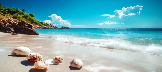 A tranquil beach with seashells scattered along the shore 