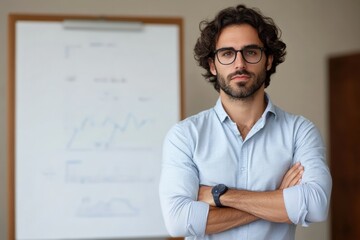 Fototapeta premium Businessman standing with arms crossed in front of whiteboard with graphs