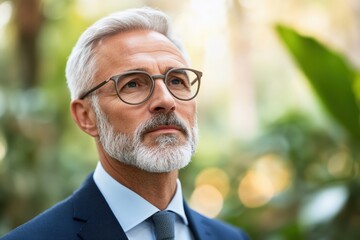 Pensive mature businessman wearing eyeglasses looking up in contemplation