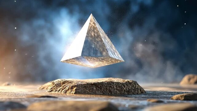 Crystal Pyramid Rising: A mesmerizing composition showcases a luminous crystal pyramid levitating gracefully above a rugged, earthen platform, surrounded by an ethereal atmosphere.