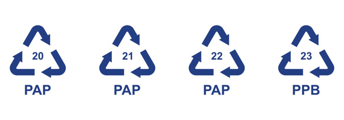 Paper recycling codes vector icon set. Paper recycling symbol. Paper cardboard boxes recycling codes PAP 20, 21, 22, 23 for industrial and factory uses.