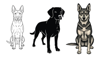 Three Artistic Dog Styles Vector – Minimalist Outline, Bold Silhouette, and Engraved Detail | High-Quality EPS, PNG, JPG for T-Shirts & Design Assets