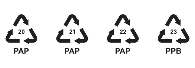 Paper recycling codes vector icon set. Paper recycling symbol. Paper cardboard boxes recycling codes PAP 20, 21, 22, 23 for industrial and factory uses.