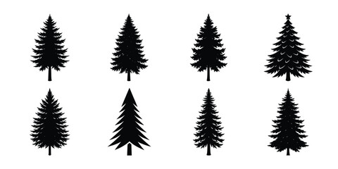 Black Pine Tree Silhouettes Collection &ndash; Set of Christmas and Evergreen Tree Vector Icons on White Background

