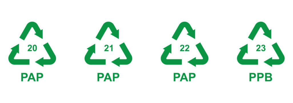 Paper recycling codes vector icon set. Paper recycling symbol. Paper cardboard boxes recycling codes PAP 20, 21, 22, 23 for industrial and factory uses.