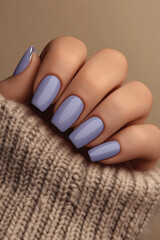 Serene elegance with a touch of luxury: Hands with rectangular shaped nails, painted in a pastel lilac shade, with a delicate gold detail at the base of the index finger nail. Ideal for beauty themes,