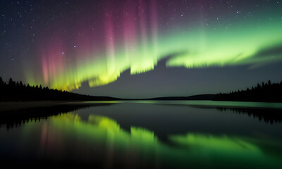 Northern lights glow over a summer lake reflecting the blue night sky and colorful sunset clouds