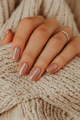 Elegant simplicity with a modern touch: Hand with soft nude nails, adorned with a single vertical white line. Ideal for beauty, minimalism and self-care themes.