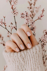 Natural beauty and spring blossoms: Hand with nails in a soft and discreet nude tone, framed by delicate cherry blossoms on a light background. Ideal for themes of well-being, nature, spring and self-