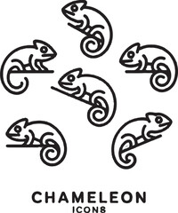 Six Black Chameleon Line Art Icons Circular Arrangement