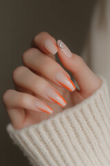 Modern and minimalist touch: Hand with almond-shaped nails, featuring a nude design with vibrant orange tips and a delicate crescent-shaped applique. Ideal for beauty themes, nail art trends and conte