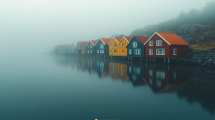 Fototapeta premium Colorful waterfront houses reflected in a foggy lake