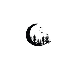 A crescent moon glowing over a peaceful forest silhouette on white background