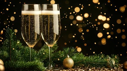 Two champagne flutes filled with bubbly, nestled amongst festive greenery and golden lights - Powered by Adobe