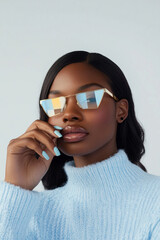 Modern elegance and confident look: Portrait of a woman with dark skin and black hair, wearing sunglasses with reflective lenses and a light blue sweater. Ideal for themes of fashion, beauty, empowerm