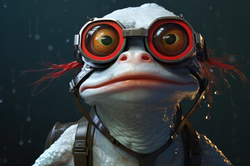 A fantastical frog with striking goggles appears playful and whimsical, showcasing a blend of fantasy and creativity that speaks to the joys of imagination and exploration.