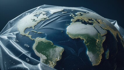 Earth encased in plastic sheeting with dew drops highlighting continents Recycle Awareness Week