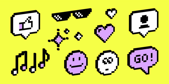 Pixelated y2k 3d vector icons set, heart, lightning bolt, star, sunglasses, cloud, social media like and message symbols. Vector graphics.