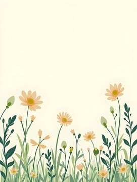 Spring Meadow with Dancing Flowers and Delicate Leaves in Pattern