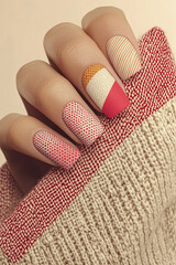 Modern and textured manicure: Hands with nails in neutral, pink and orange tones, adorned with a dotted pattern and an elegant geometric design. Ideal for beauty themes, nail art trends, and contempor