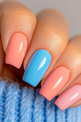 Harmonious pastel manicure: Hands with nails painted in soft shades of peach and blue, creating a delicate and modern look. Ideal for beauty themes, nail art trends, spring and self-care.