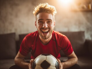 Excited football fan cheering indoors wearing red soccer jersey and holding ball during match celebration
