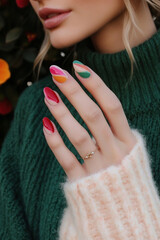 Vibrant and modern style: Hands with nails in bold shades of pink, orange and green, creating a geometric and eye-catching design. Ideal for beauty themes, nail art trends, creativity and contemporary
