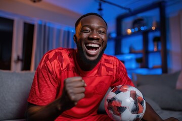 Excited football fan screaming at home wearing red soccer jersey