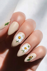 Natural and spring beauty: Hands with long nude nails decorated with delicate white daisies and a bee, evoking the tranquility of nature. Ideal for spring, environmental, self-care and charming nail a