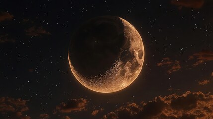 Crescent moon, sunset hues, night sky