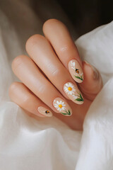 Country-style delicacy on your nails: Hands with nude-toned nails adorned with designs of white daisies and a small ladybug. Ideal for themes of nature, spring, lightness and enchanting beauty.