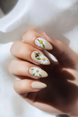 Springtime charm on your nails: Hands with neutral-toned nails decorated with delicate daisies and a small bee. Ideal for themes of nature, spring, ecology and enchanting beauty.