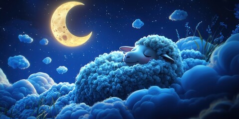Obraz premium A peaceful sheep nestled in clouds at night