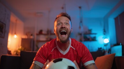 Football enthusiast screaming during match indoors with red uniform