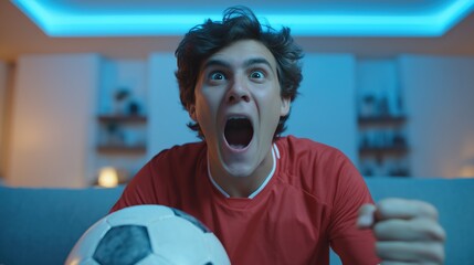 Excited football fan shouting indoors wearing red soccer jersey